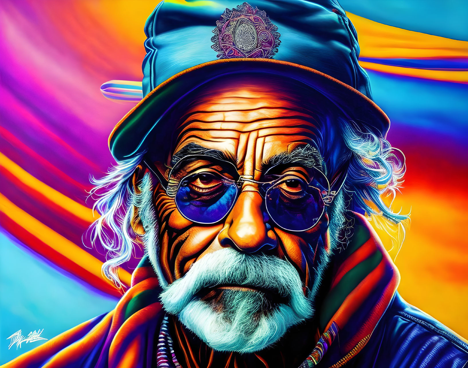 Colorful portrait of older person with mustache, cap, and round glasses against swirling background.