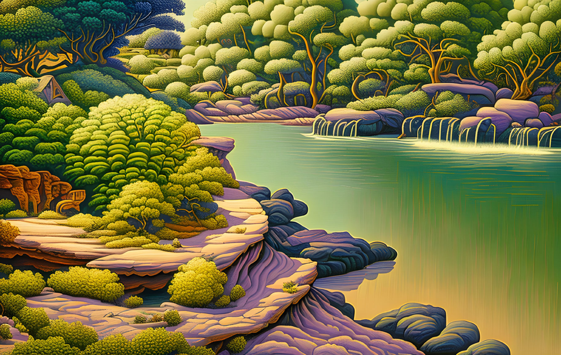 Colorful landscape with trees, waterfalls, and serene lake