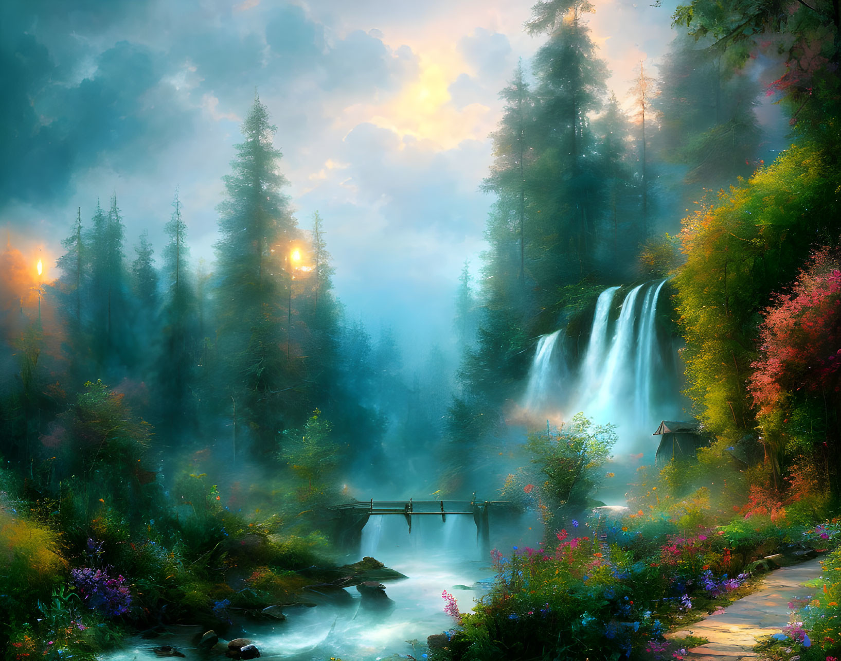 Scenic landscape with waterfall, mist, trees, bridge, and glowing flowers