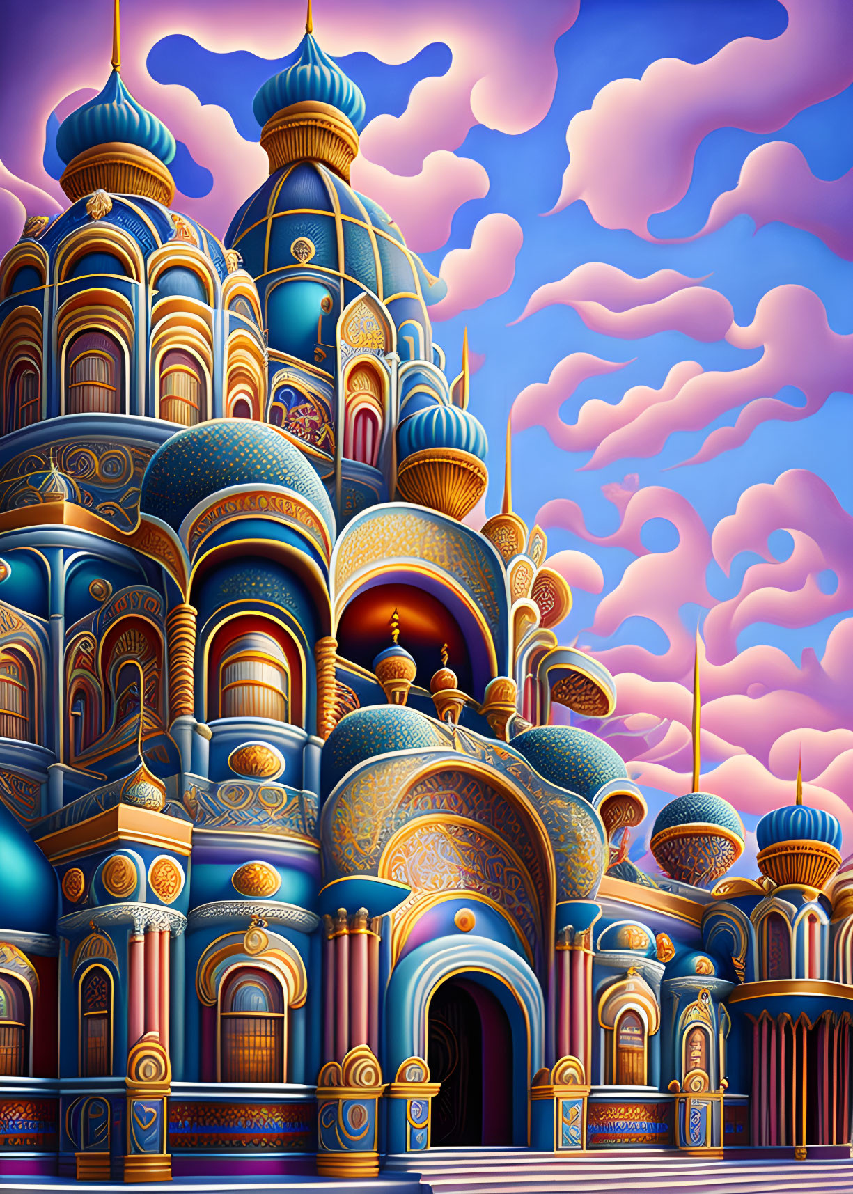 Colorful surreal cathedral with onion domes under pink-clouded sky