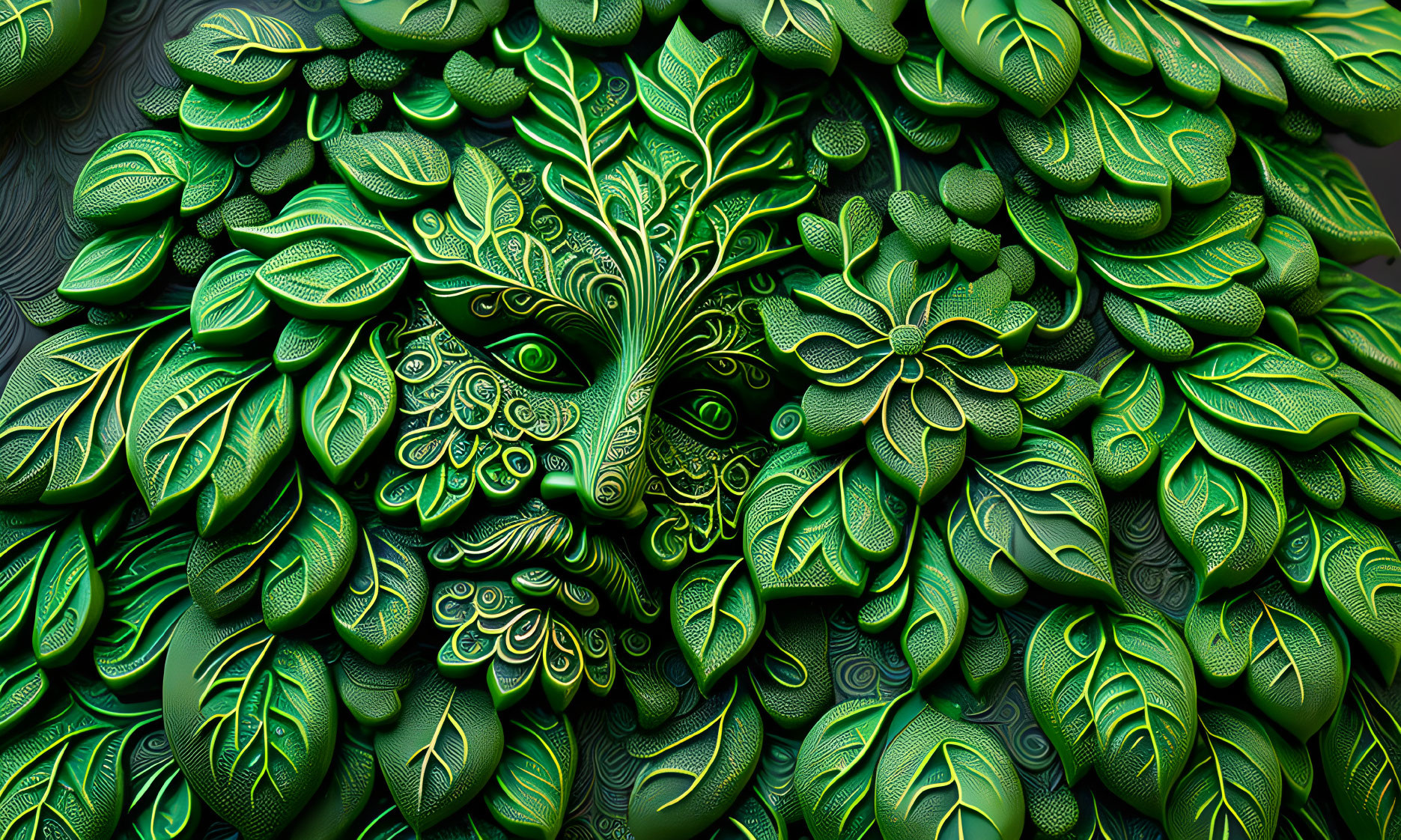 Detailed 3D botanical design with leaf patterns shaping symmetrical face