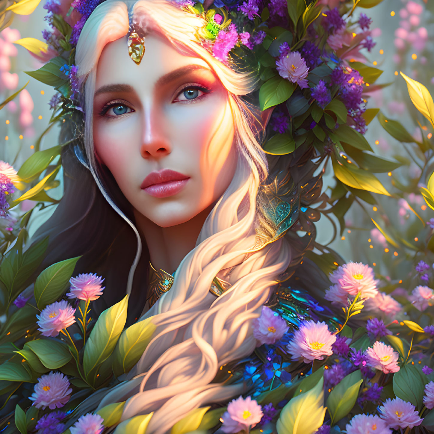 Ethereal woman with blonde hair and floral crown in digital art