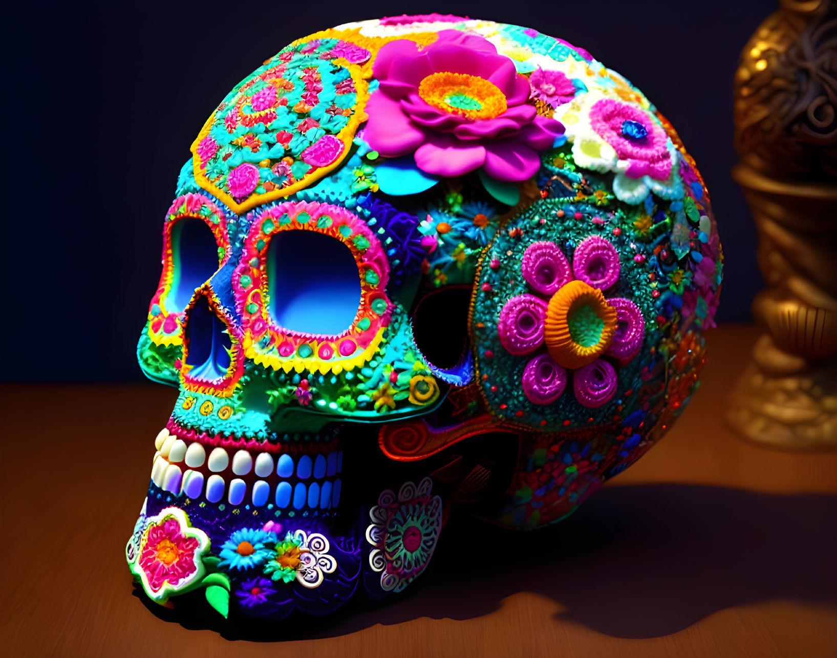 Colorful floral-patterned skull on dark background symbolizes Day of the Dead.