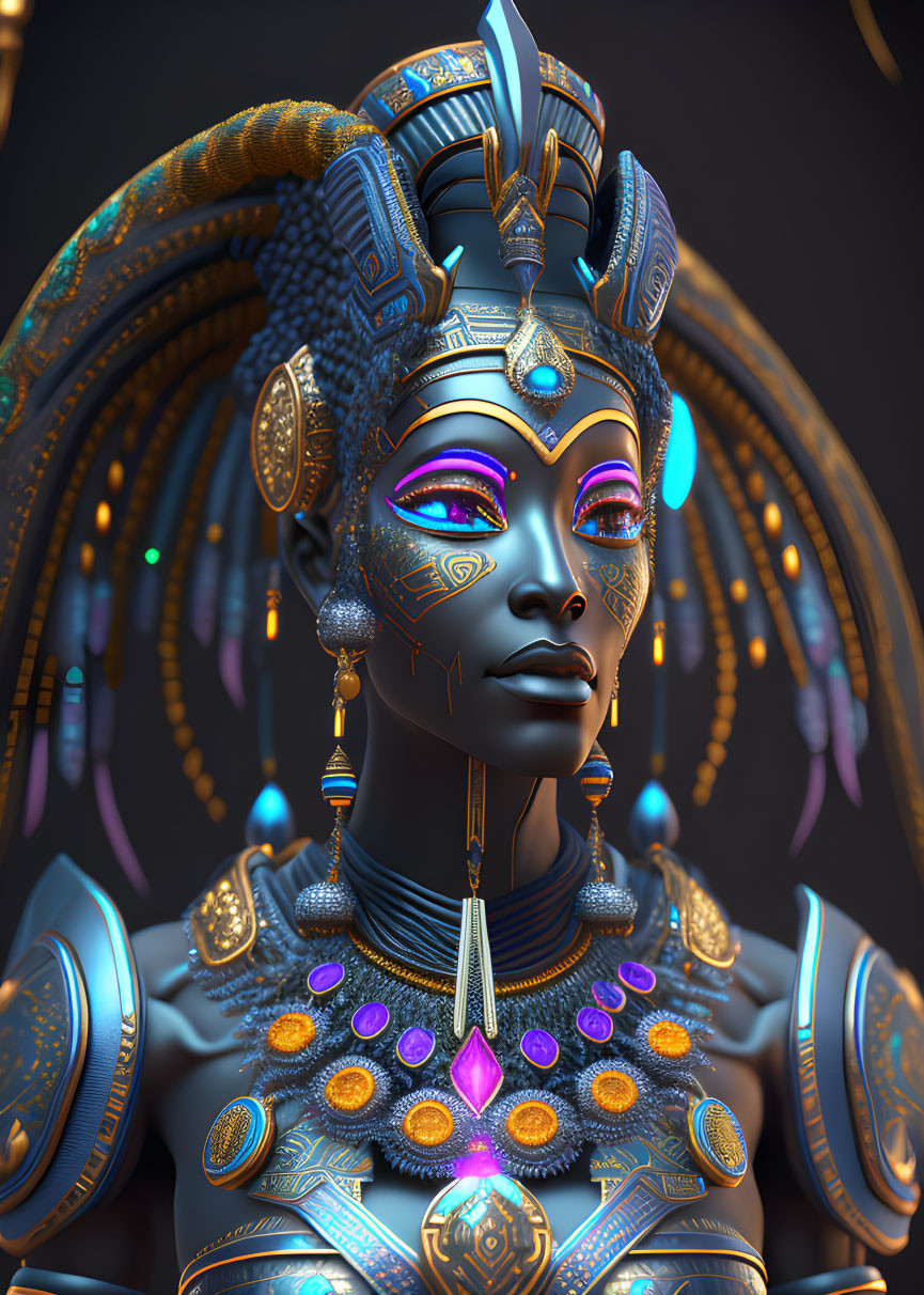 Futuristic regal female figure in blue and gold armor with glowing purple accents