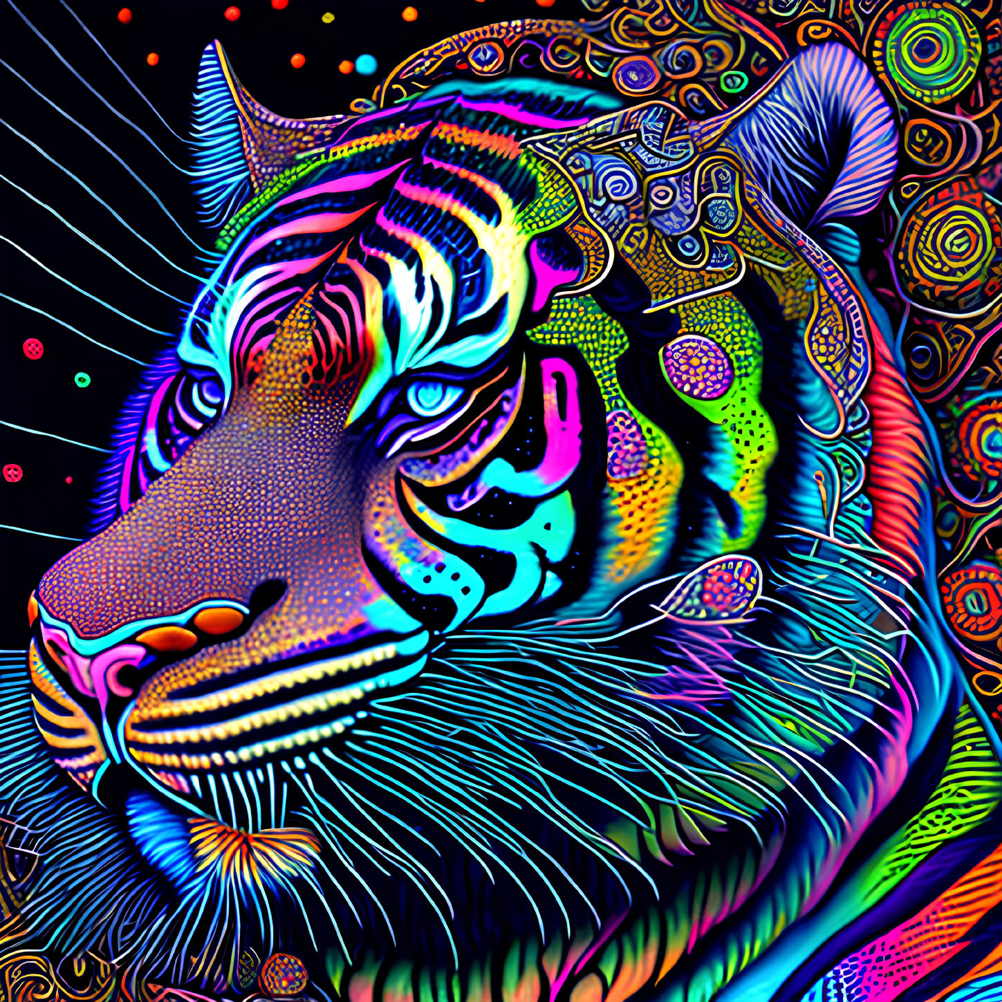 Colorful Psychedelic Tiger Face Artwork with Neon Patterns