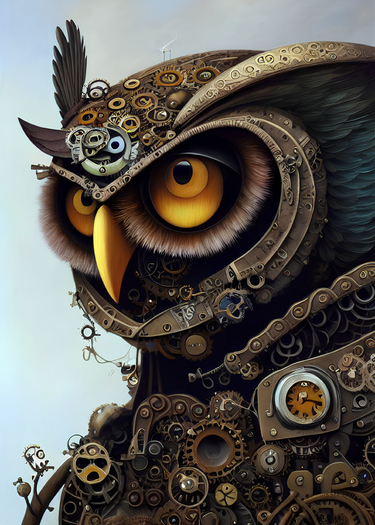 Steampunk-style owl illustration with golden eyes and metallic feathers