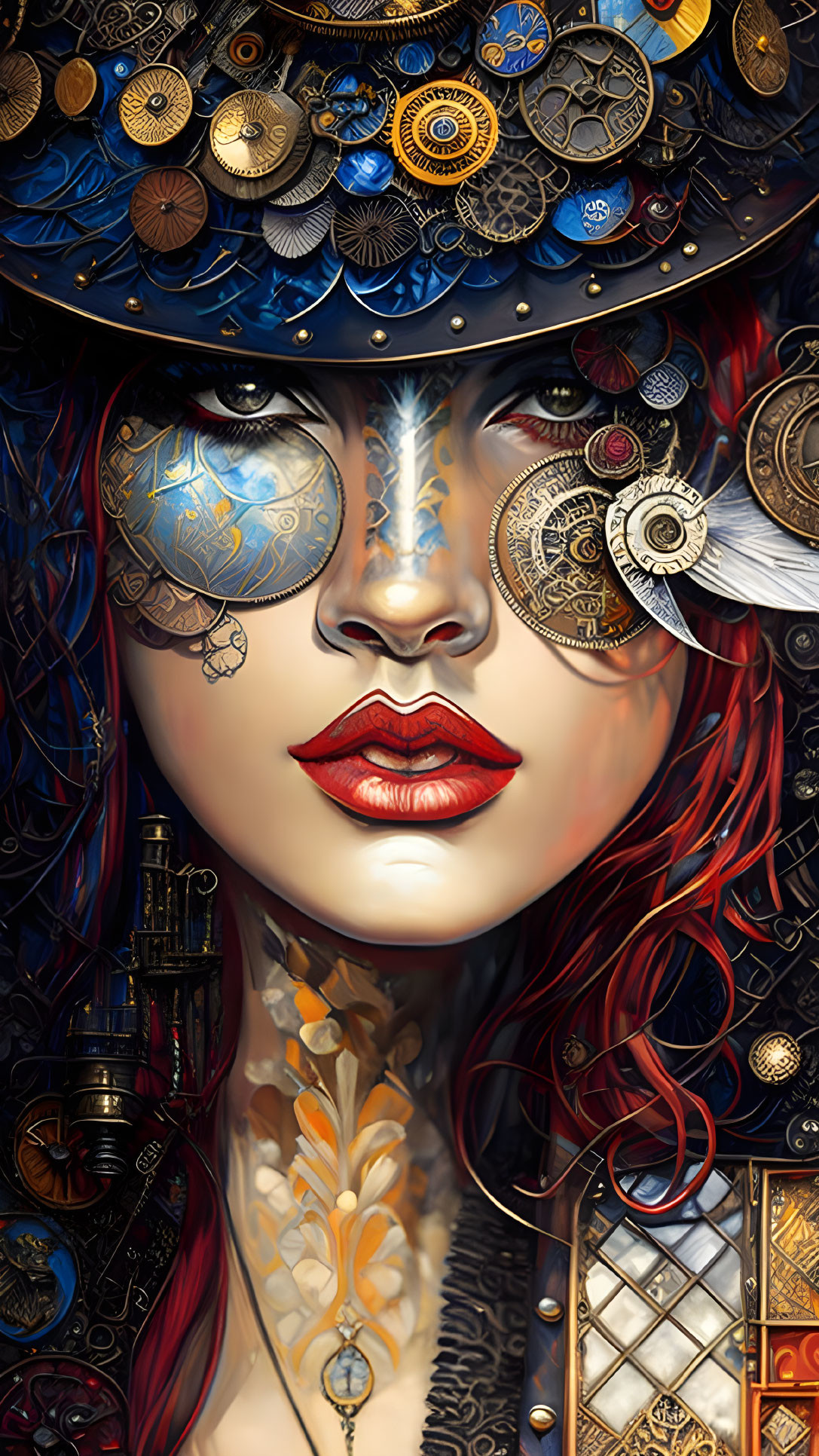 Steampunk-themed digital portrait of a woman with vibrant red hair