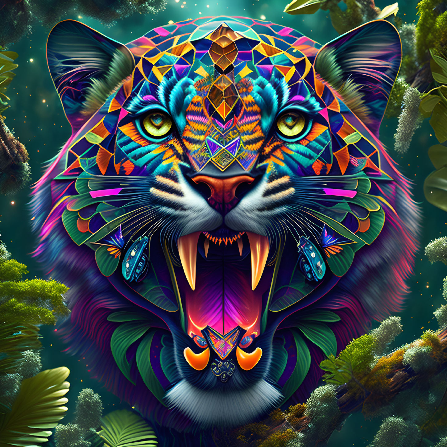 Stylized tiger digital art with geometric patterns and jungle flora