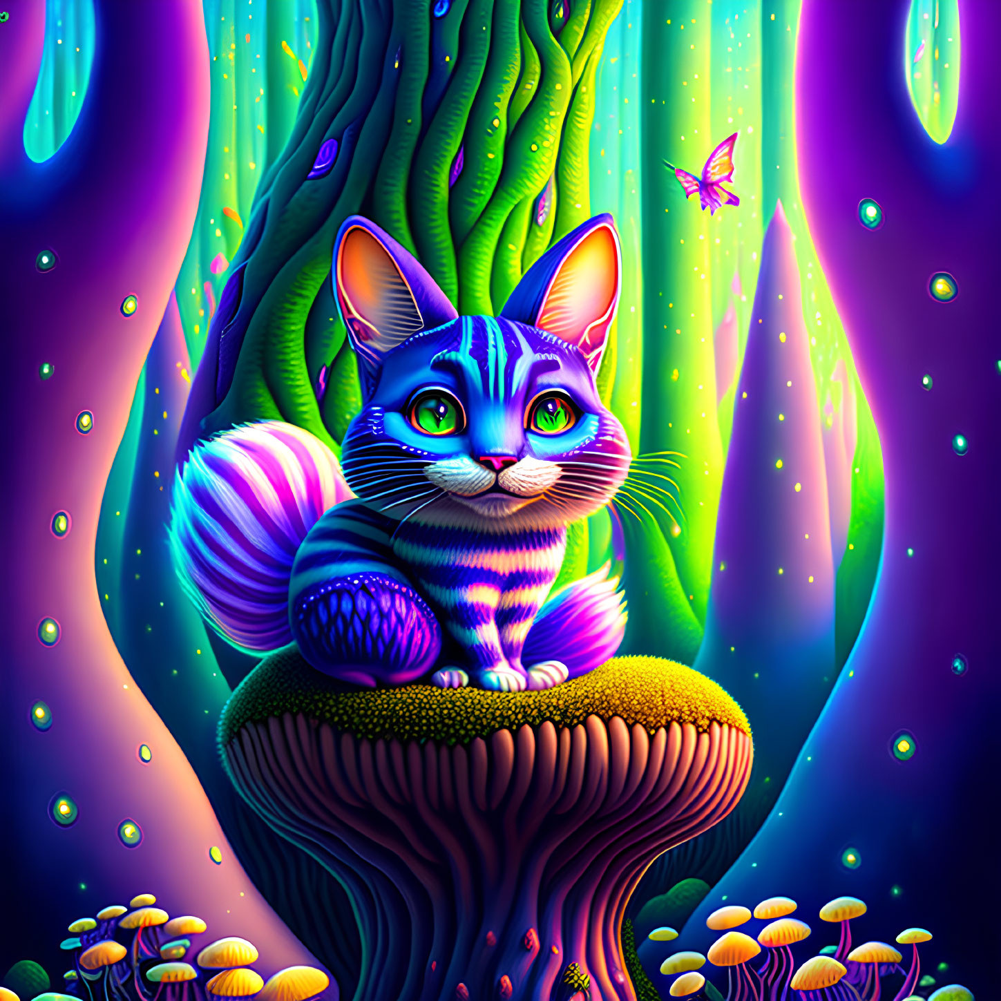 Colorful Cat on Mushroom in Neon Forest with Butterflies