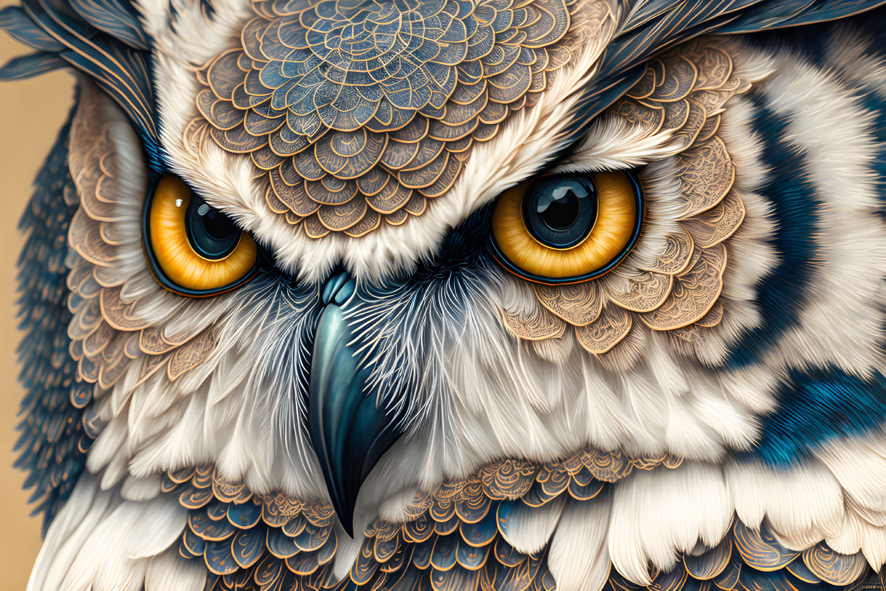 Detailed owl face illustration with intricate feather patterns and yellow eyes on beige background