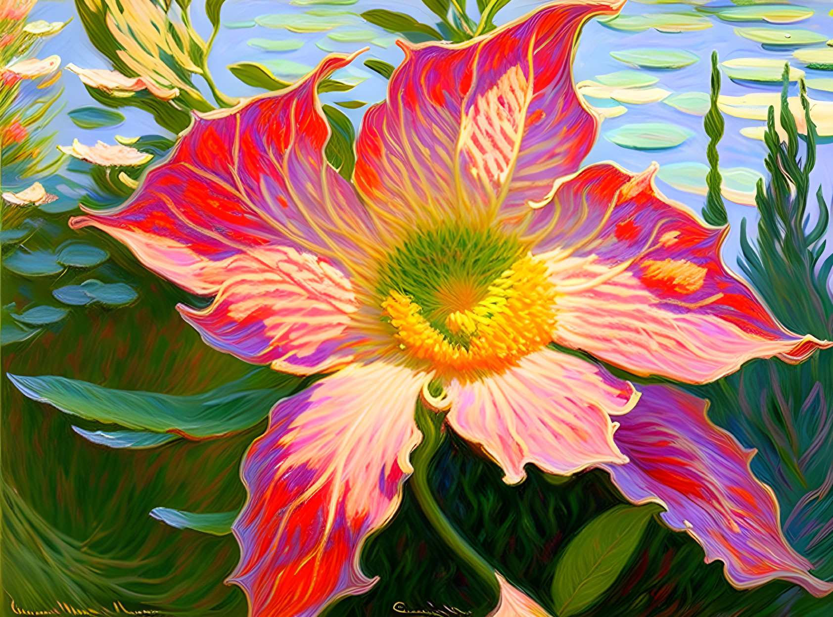 Colorful digital artwork: Large pink and orange flower with yellow center on green foliage.