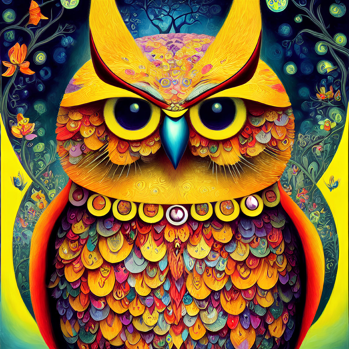 Colorful Stylized Owl Painting with Intricate Patterns