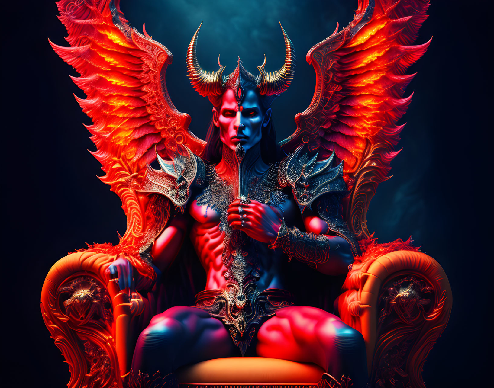 Blue-skinned horned creature on ornate throne under dramatic lighting