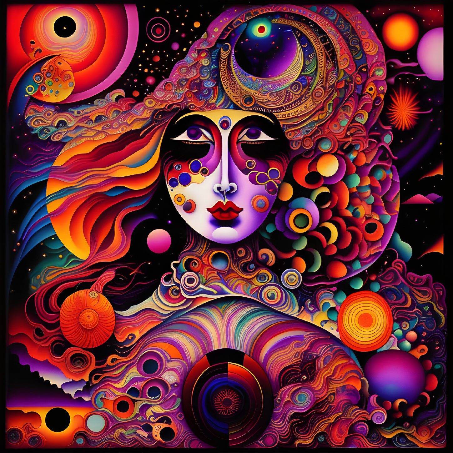 Vivid psychedelic female figure with cosmic abstract pattern