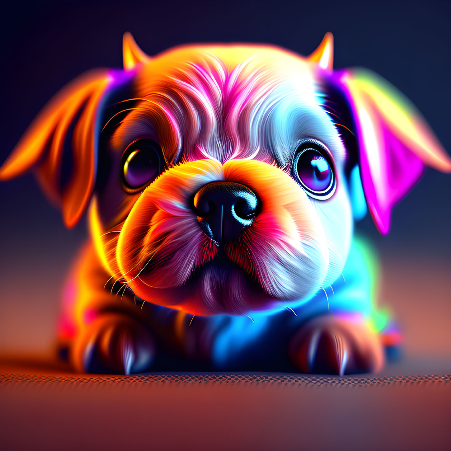 Neon-colored digital art of a bulldog puppy with glowing eyes