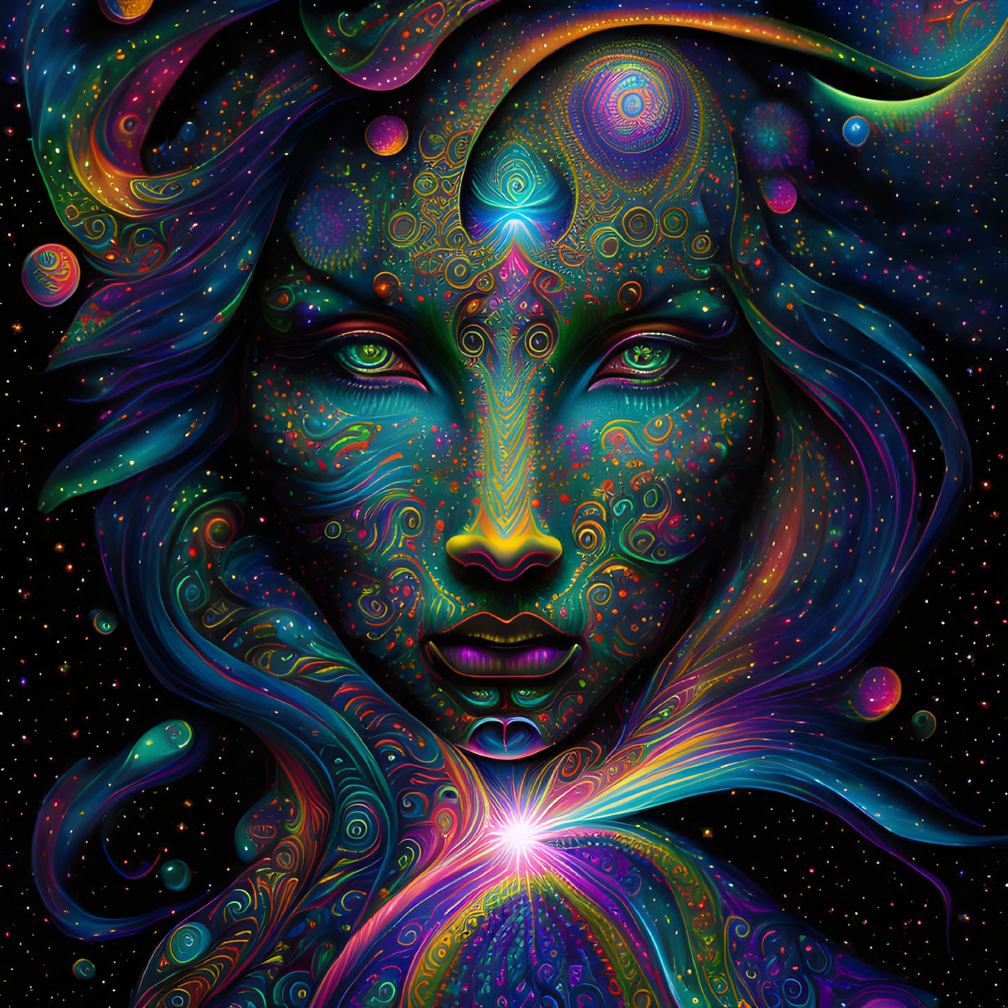 Cosmic-themed woman's face with swirling patterns and stars