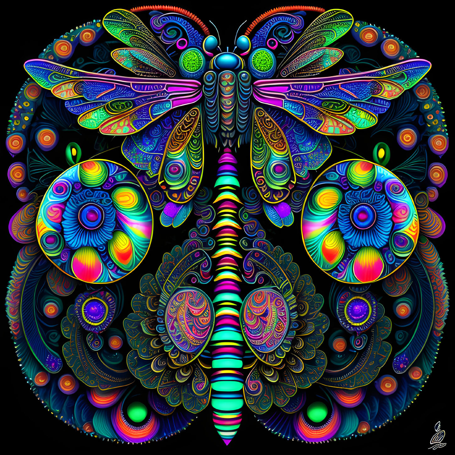 Symmetrical Psychedelic Butterfly Art in Neon Colors