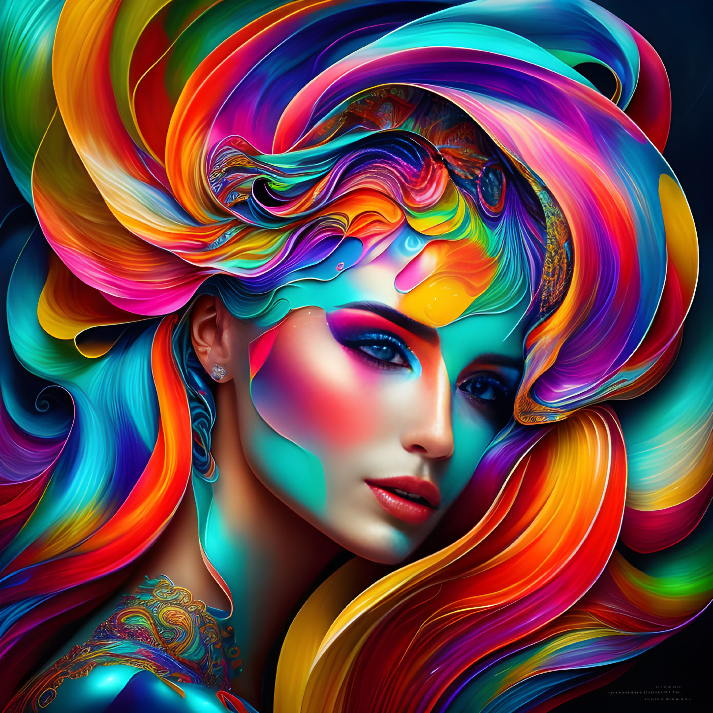 Colorful flowing hair design on dark background - Woman portrait art