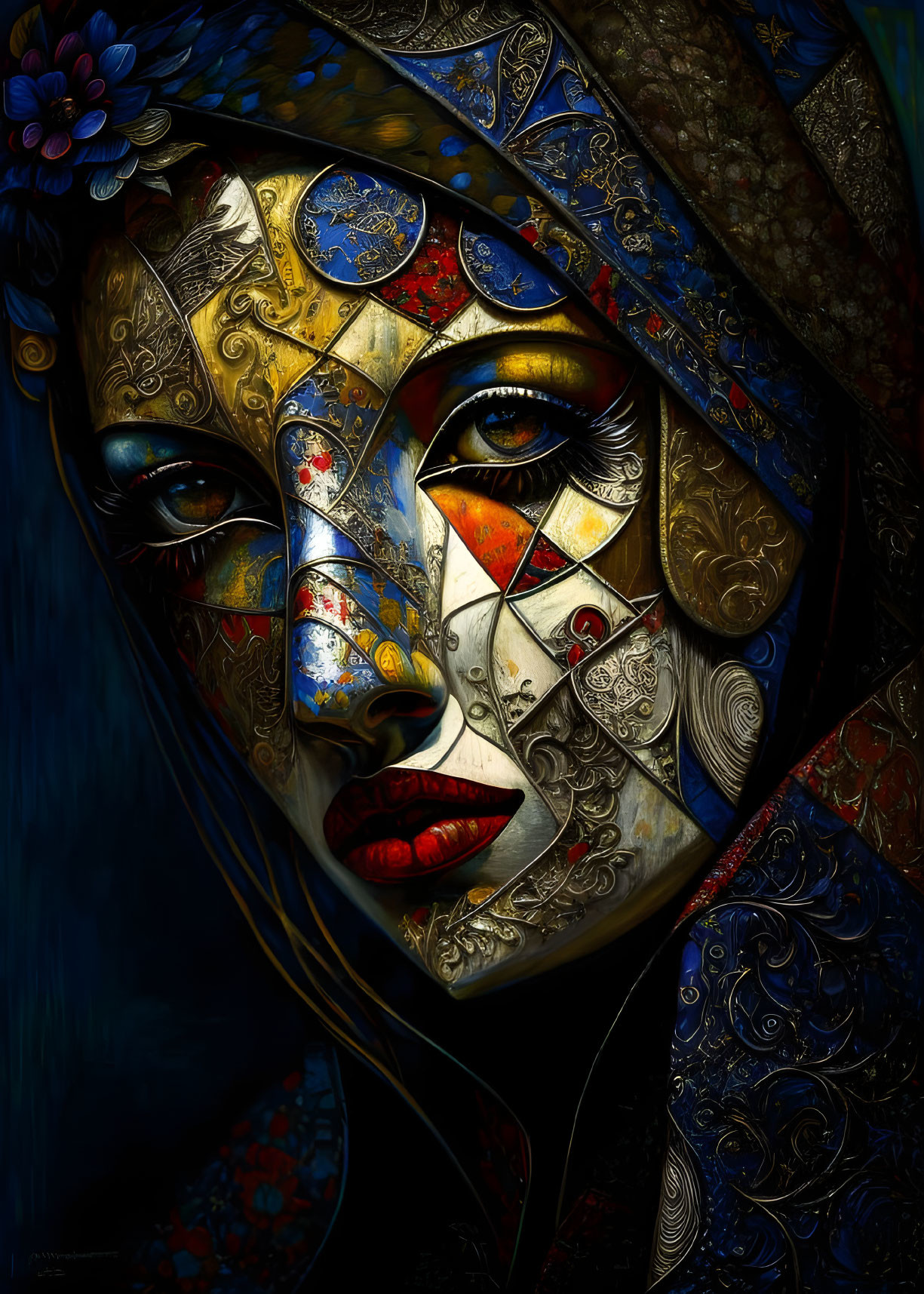 Colorful mosaic pattern portrait of a woman on dark background