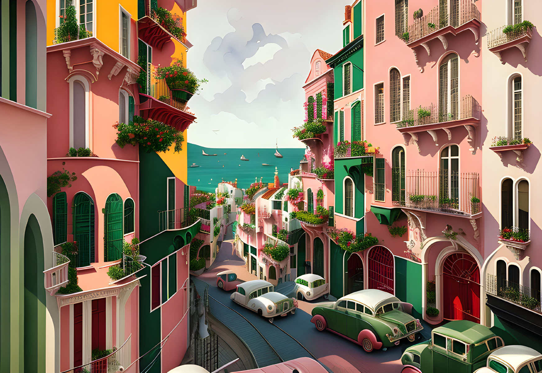 Pastel-colored buildings and vintage cars by a serene sea under a sunny sky