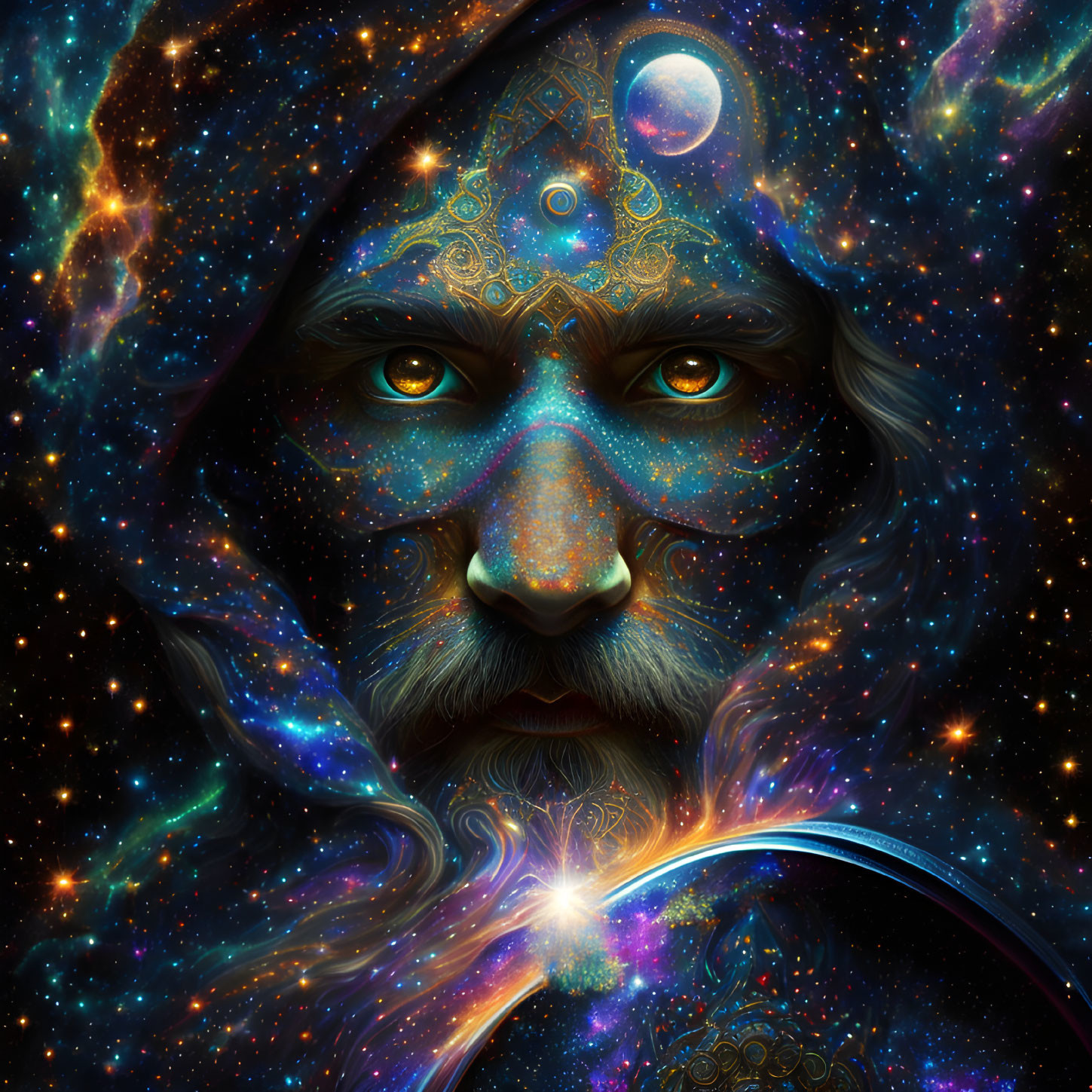 Man with cosmic hood in starry space with crescent moon.