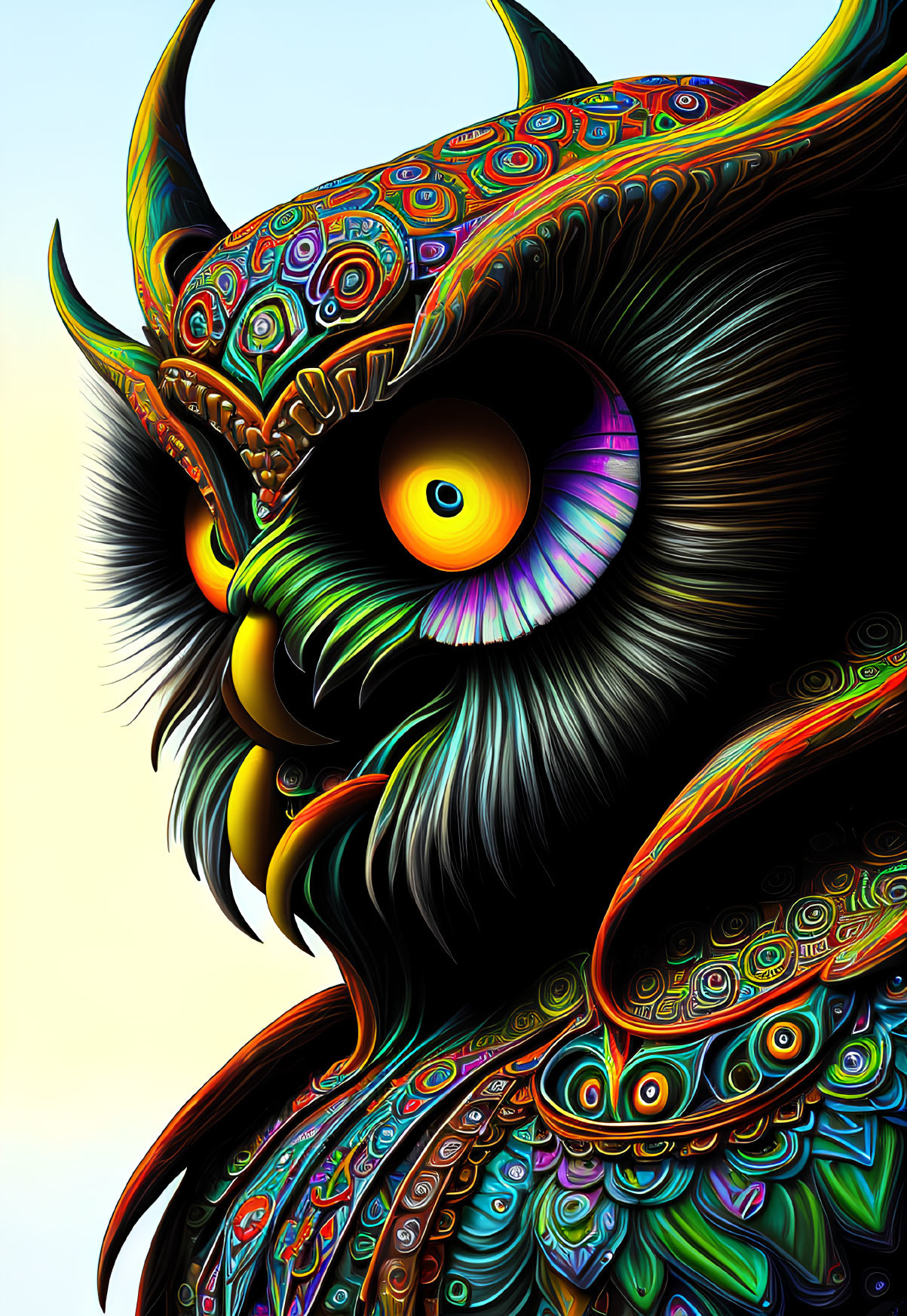 Colorful Owl Illustration with Swirling Eyes and Ornate Feathers