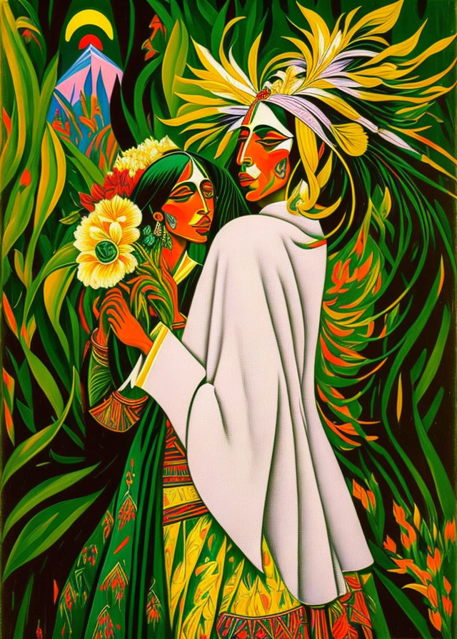 Illustration of two figures in indigenous attire surrounded by lush greenery and a distant mountain peak