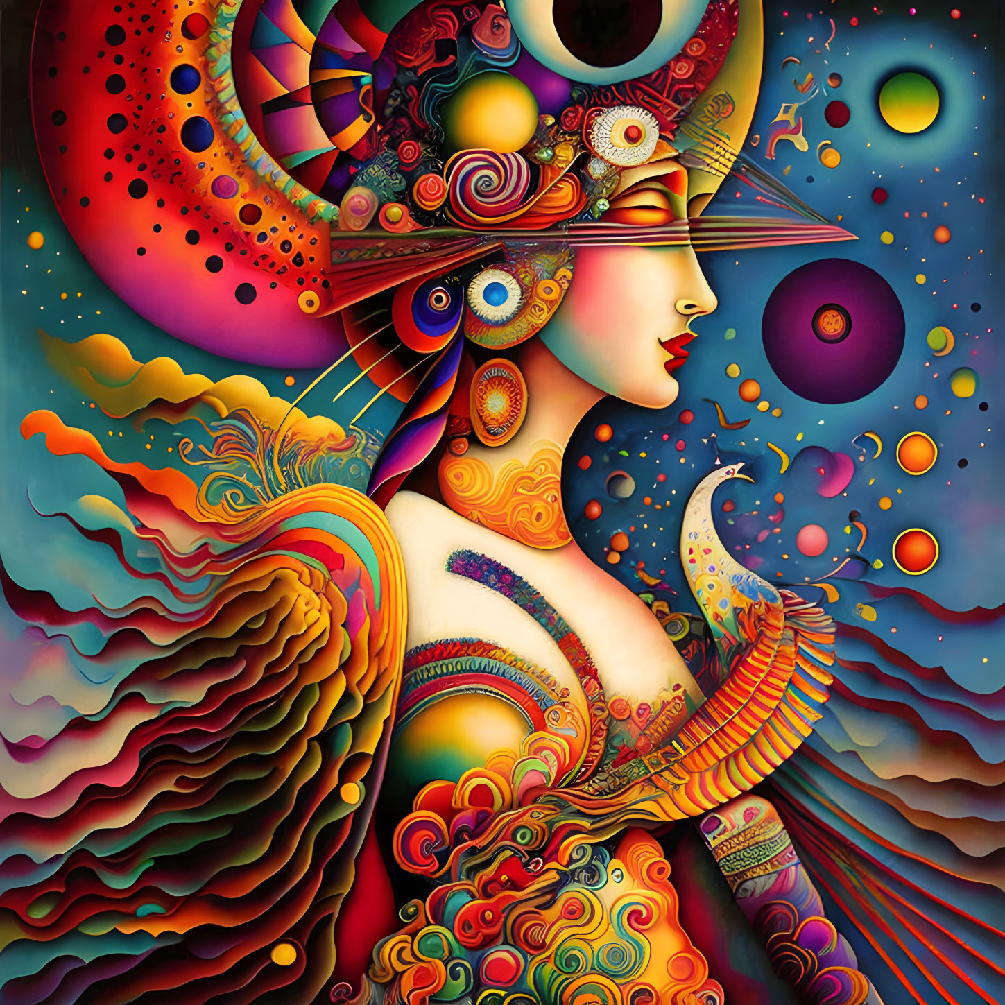 Colorful surrealist painting of woman with cosmic elements in dreamlike landscape