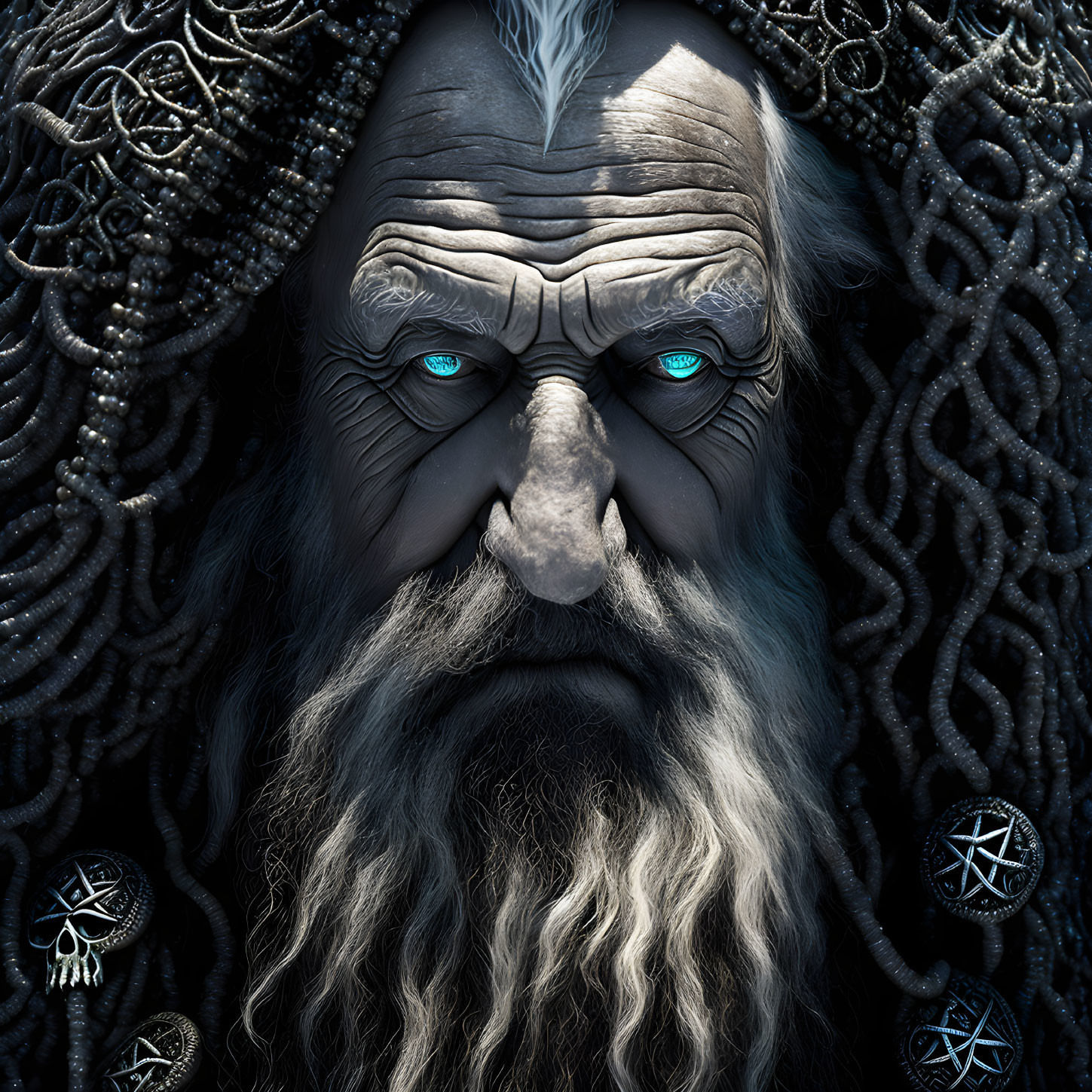 Elderly man with blue eyes, white beard, black snakes, Norse rune pendants