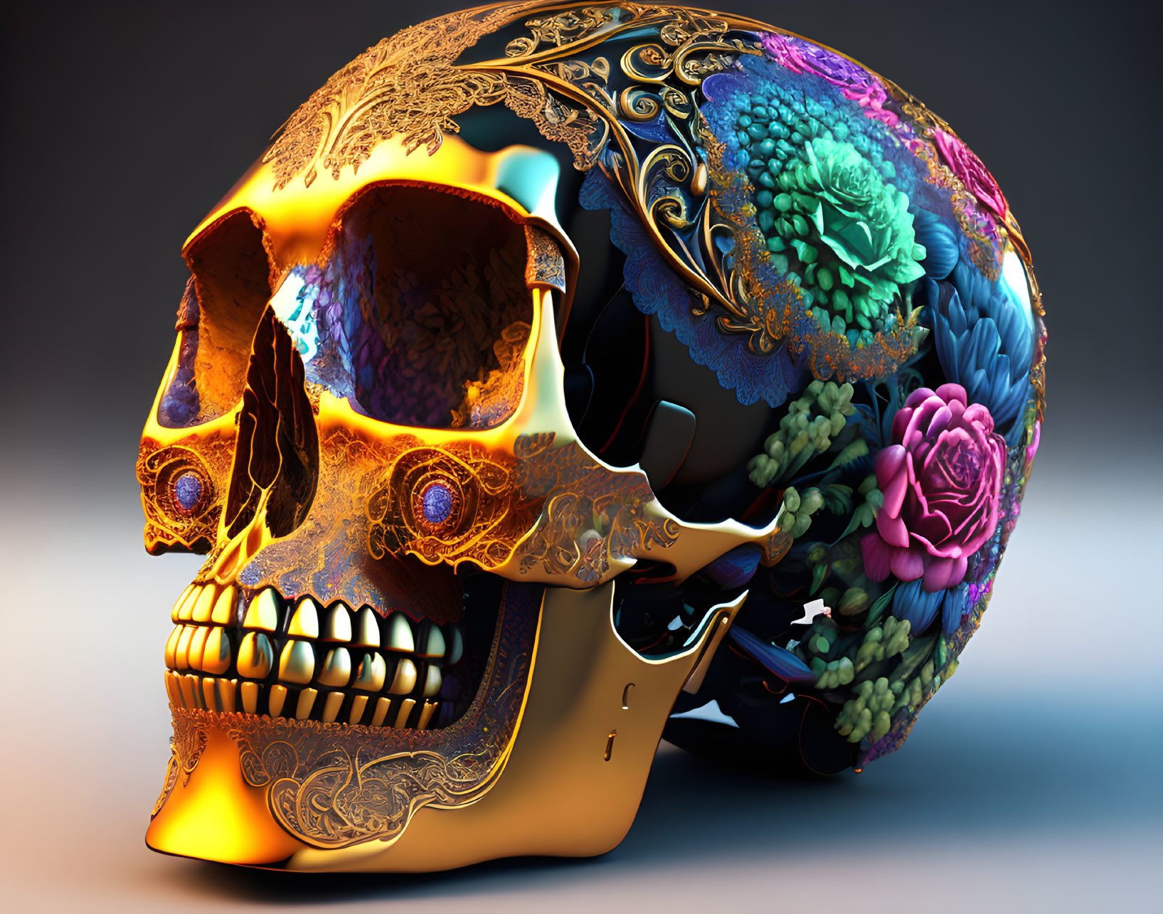 Colorful Ornate Skull with Gold Patterns and Floral Designs on Gradient Background