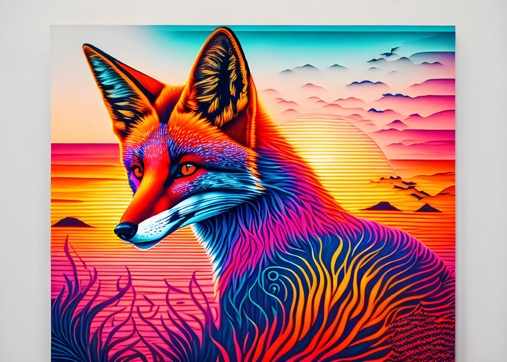 Colorful Fox Artwork with Sunset Mountains & Birds