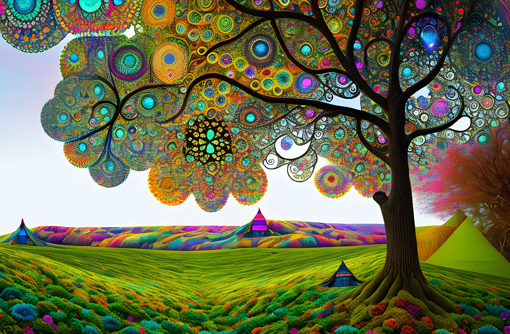 Colorful Psychedelic Landscape with Whimsical Tree and Tents