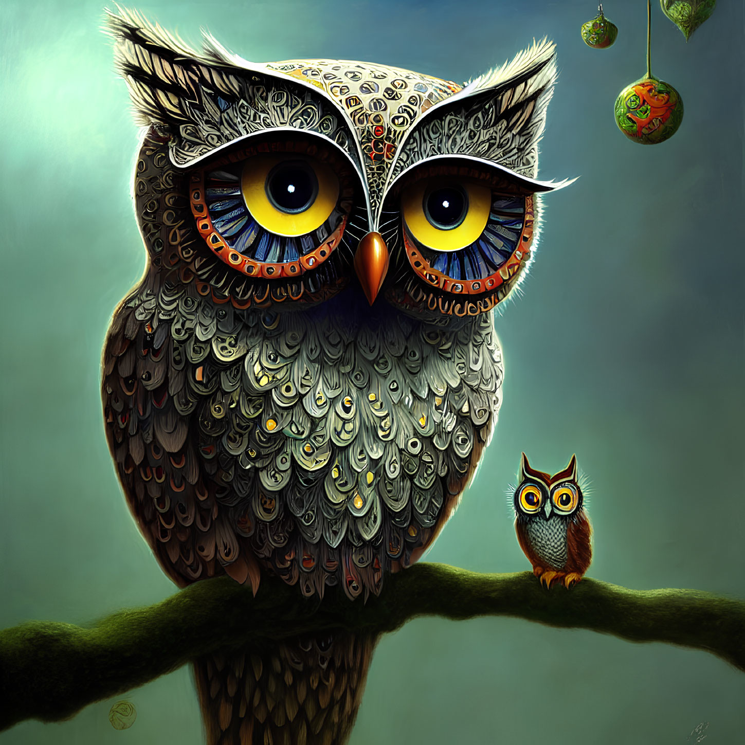 Stylized illustration of two owls on branch, one with large eyes