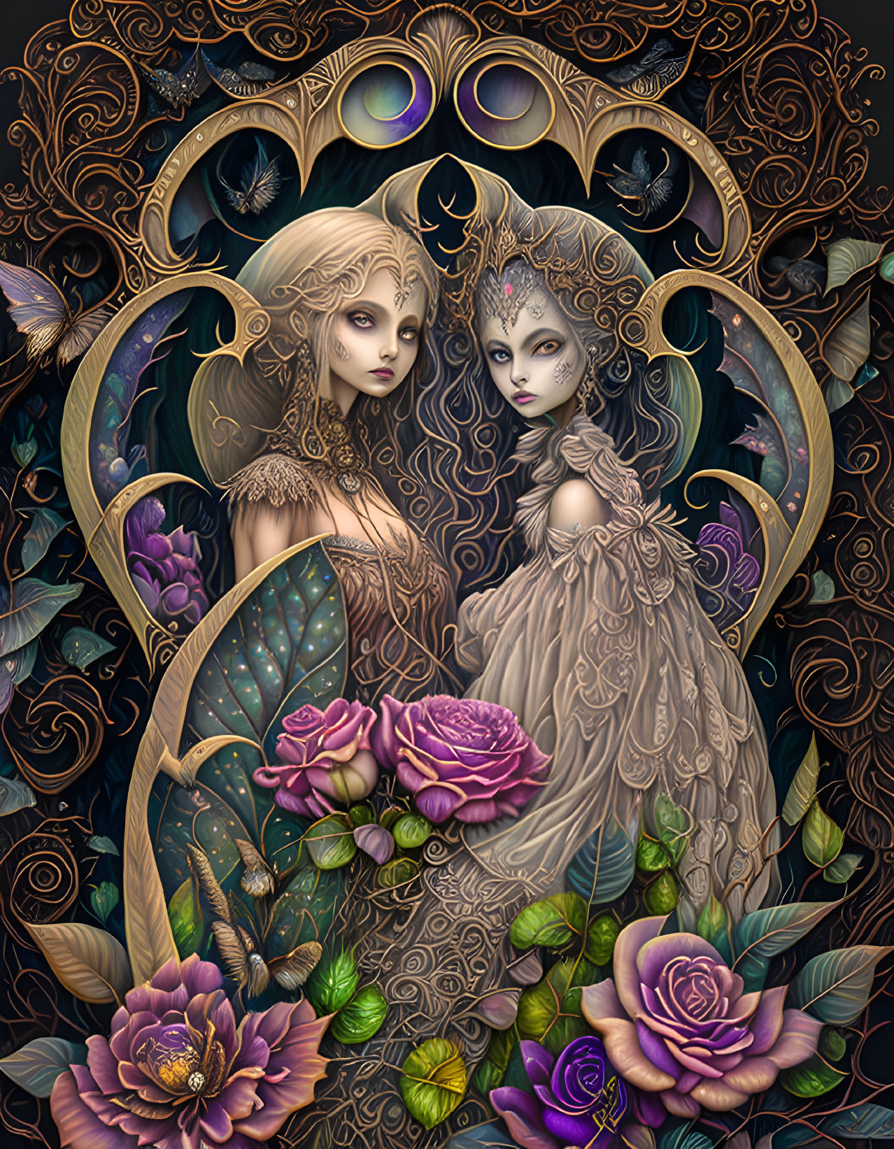 Ethereal figures with elaborate hairstyles in fantasy attire amid golden patterns and purple flowers