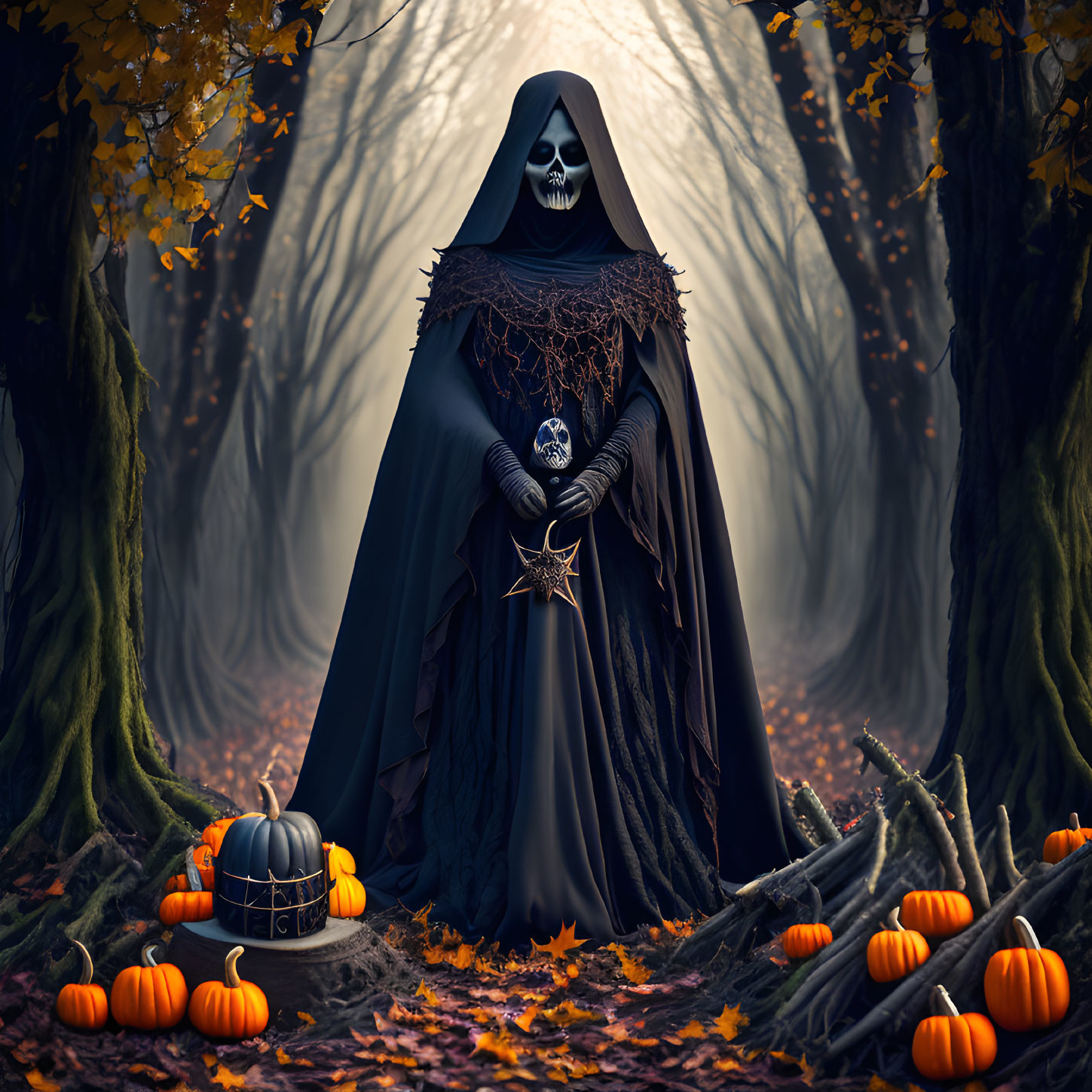 Skull-faced figure in autumn forest with pumpkins and skeletal star