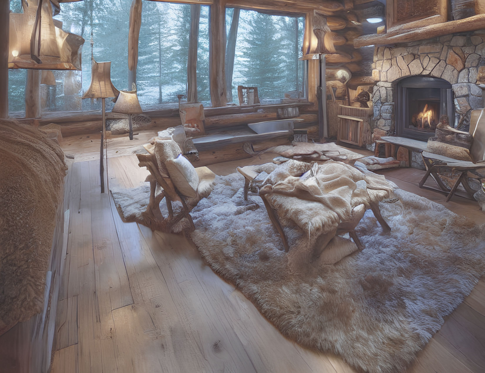 Rustic cabin interior with stone fireplace, wooden furniture, fur throws, snowy forest view