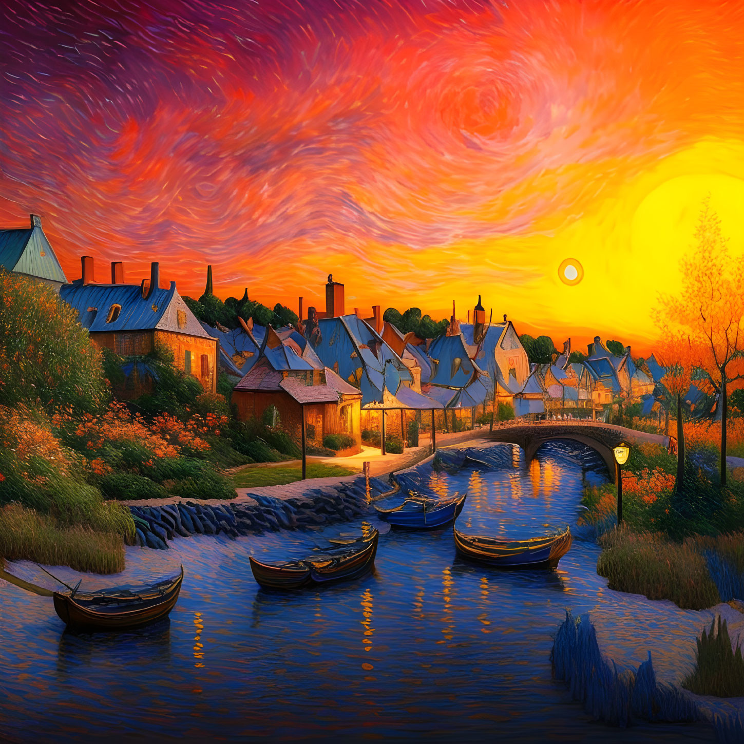 Scenic sunset view of riverside village with boats and cobblestone bridge