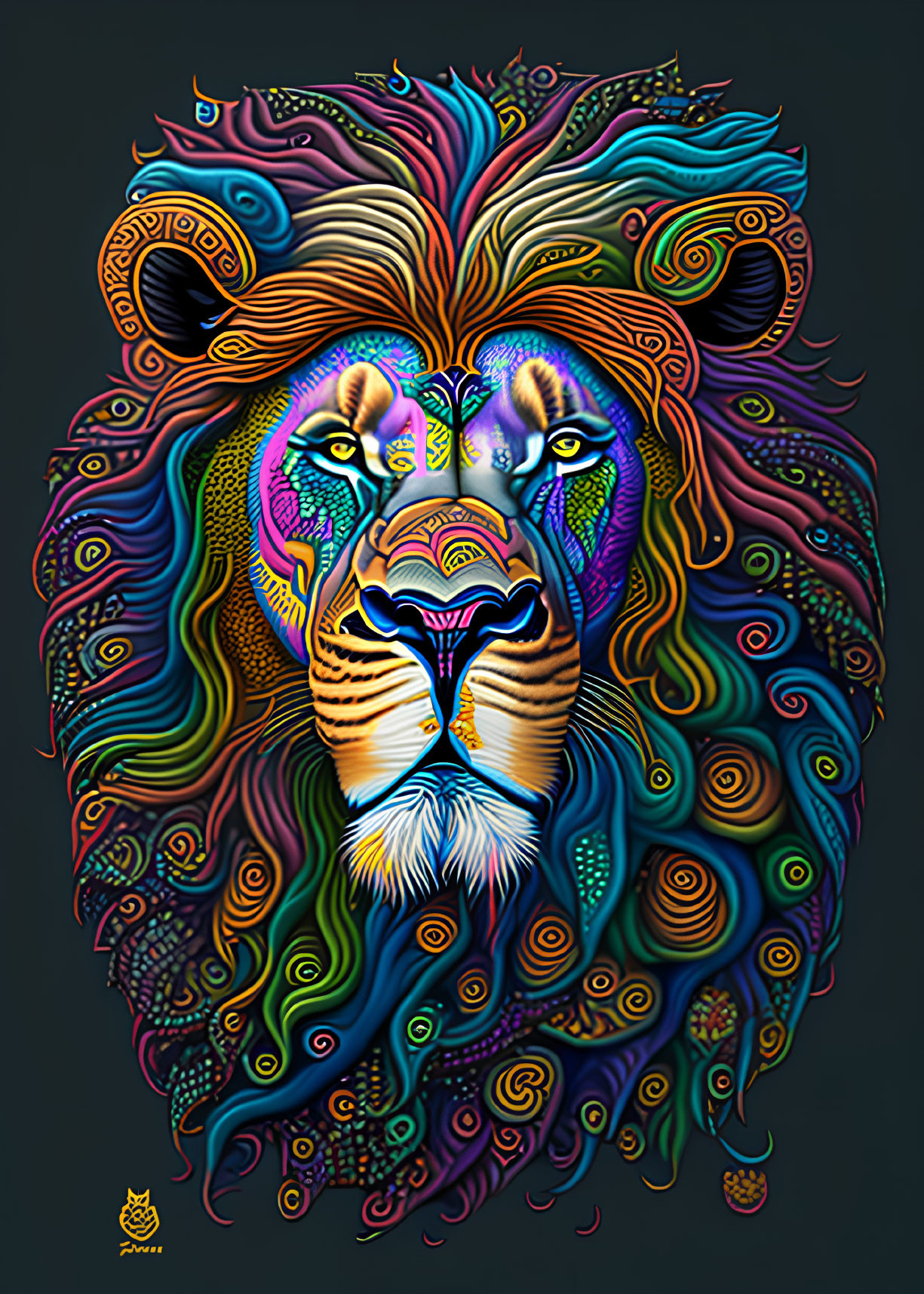 Colorful Psychedelic Lion Illustration with Swirling Patterns