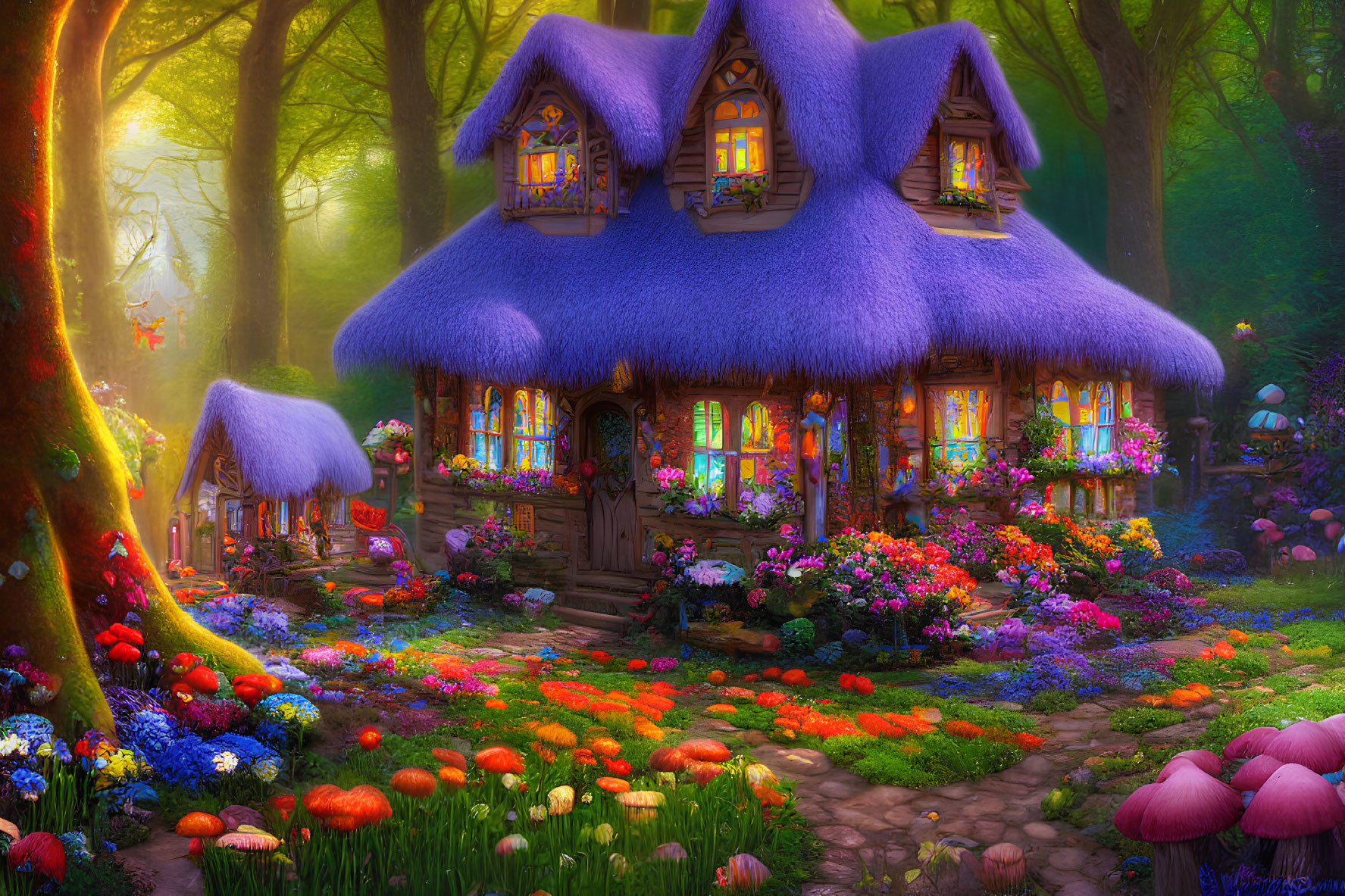 Enchanted forest cottage with purple thatch and glowing windows