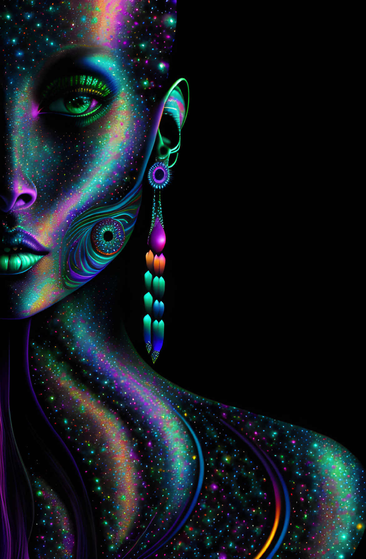 Digital artwork: Woman with glowing green eyes and neon makeup in space-themed patterns