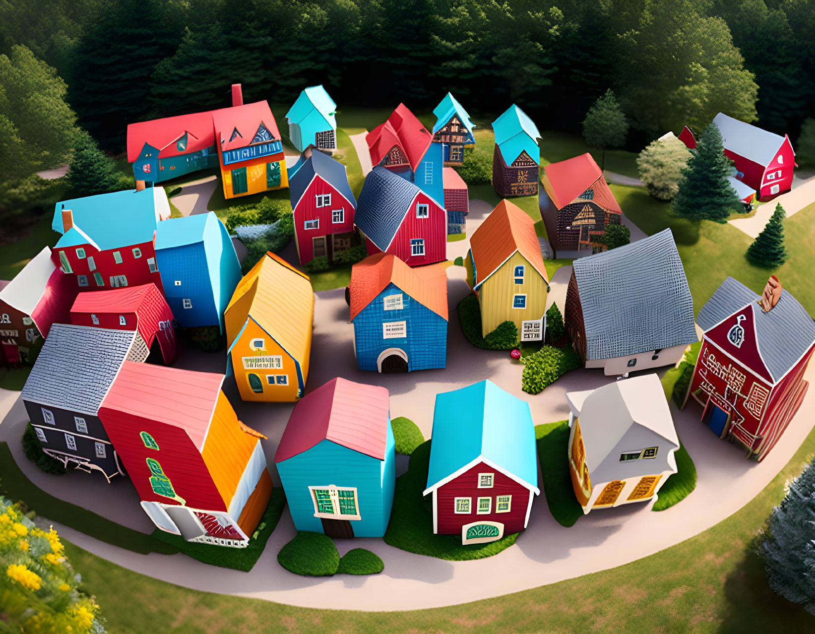 Colorful Stylized Houses Clustered in Green Forest Setting