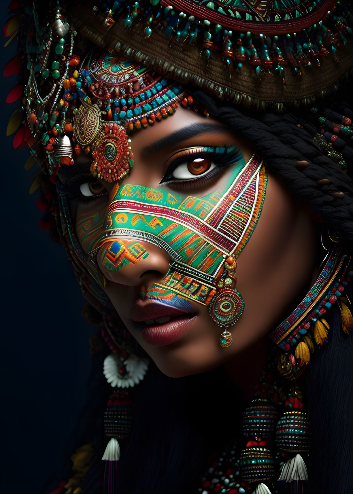 Person with Tribal-Inspired Makeup and Decorated Headdress