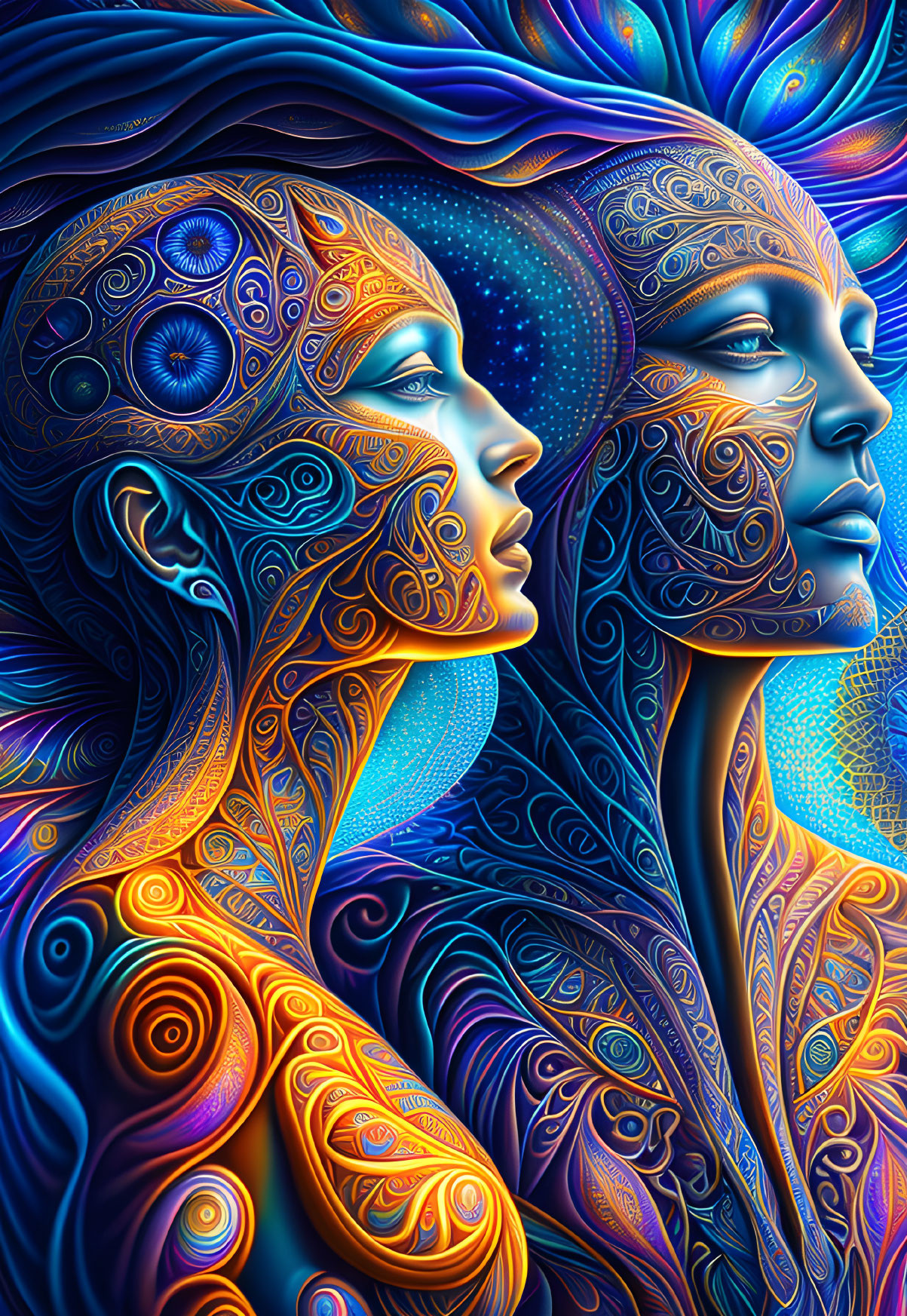 Colorful Human-Like Figures with Cosmic Motifs on Blue Background