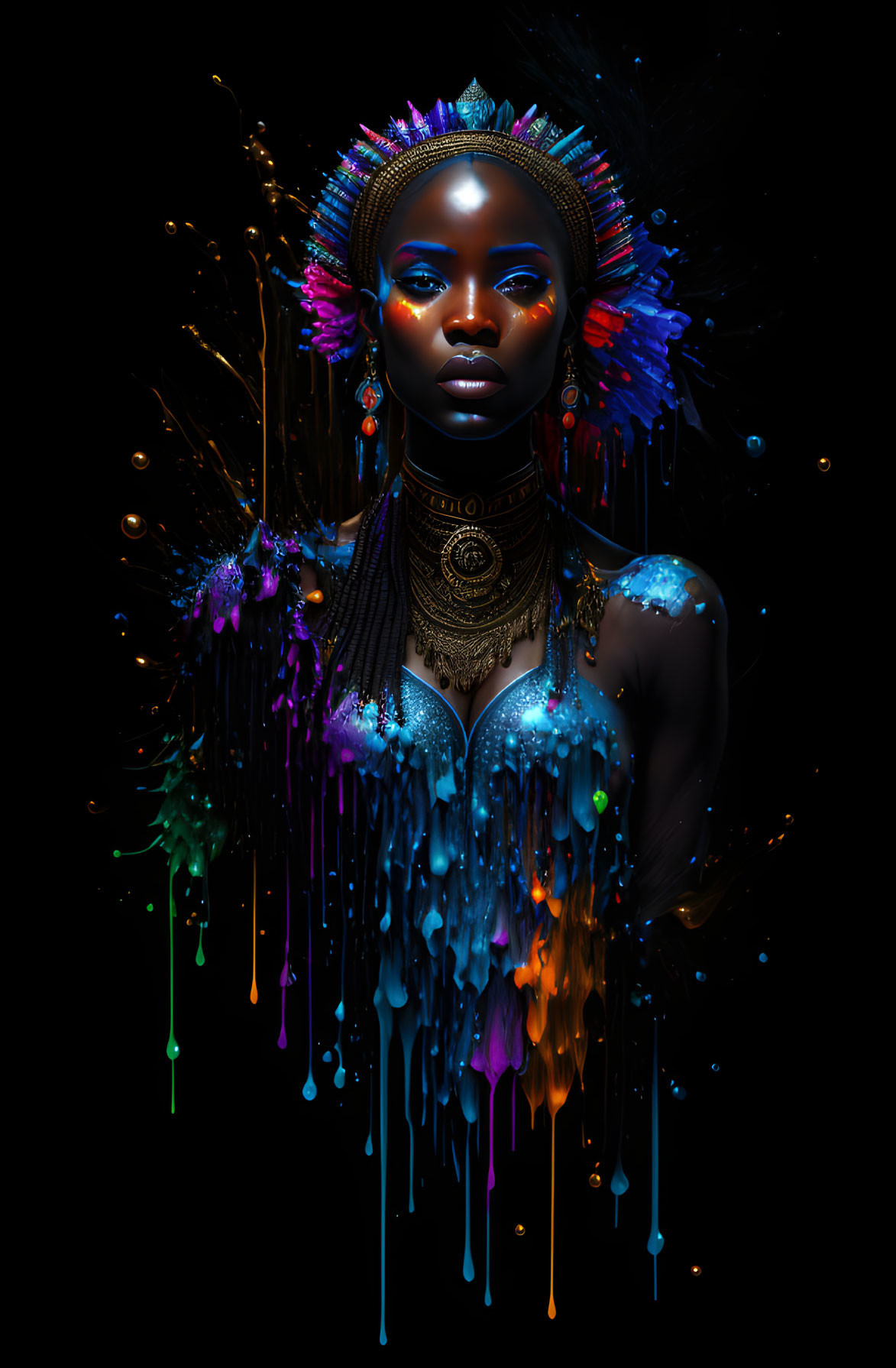 Colorful digital artwork of woman with ornate headdress and makeup on black background