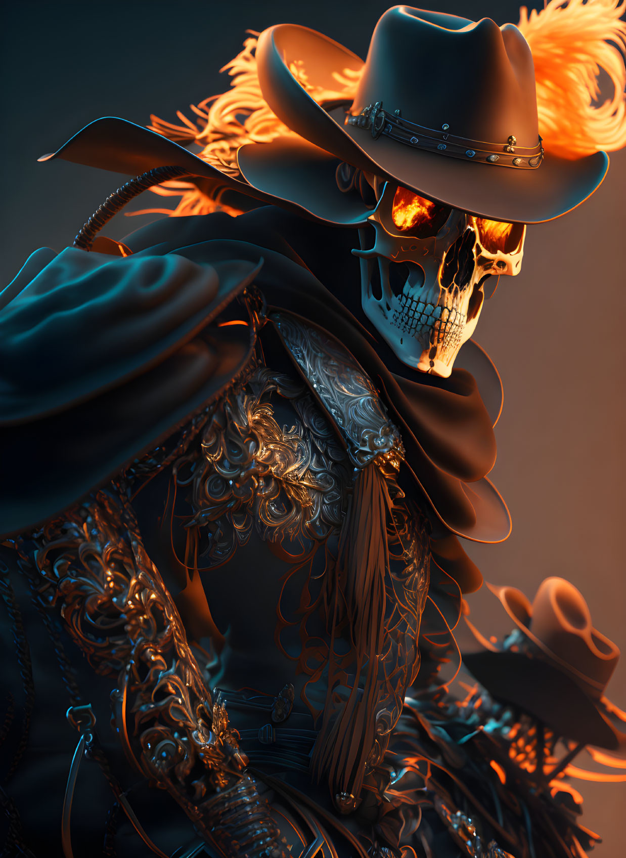 Detailed digital artwork: Skeleton in ornate cowboy attire with glowing eyes, feathered hat, against mo