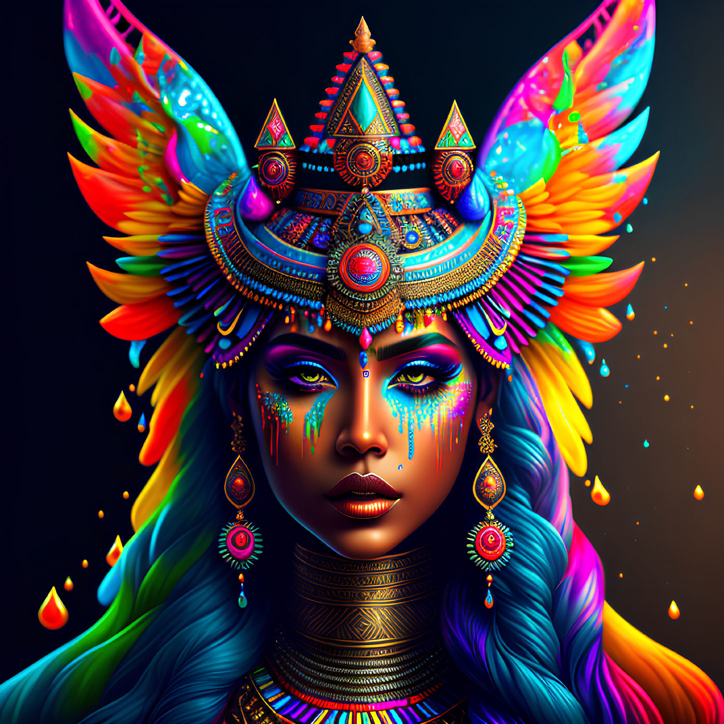 Colorful woman with rainbow feather headdress and glowing tears on dark background