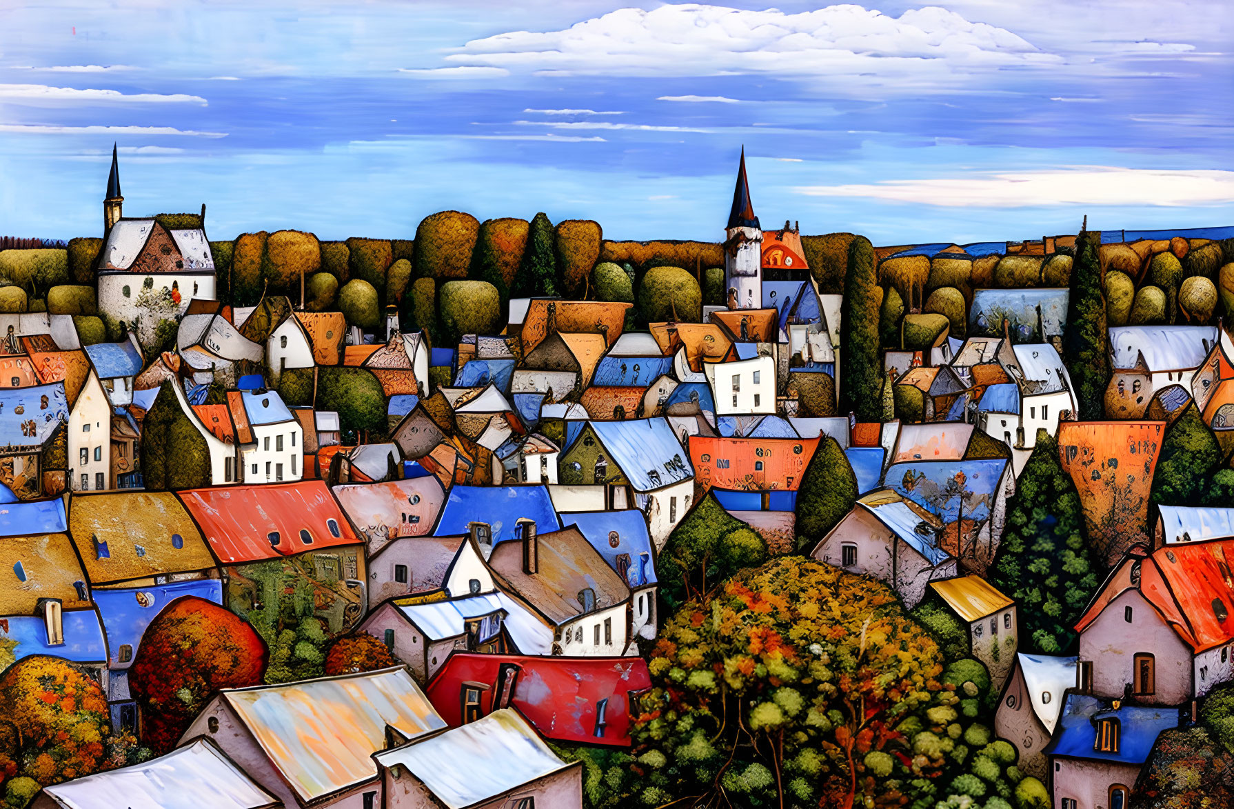 Vibrant village scene with diverse architecture and autumn trees