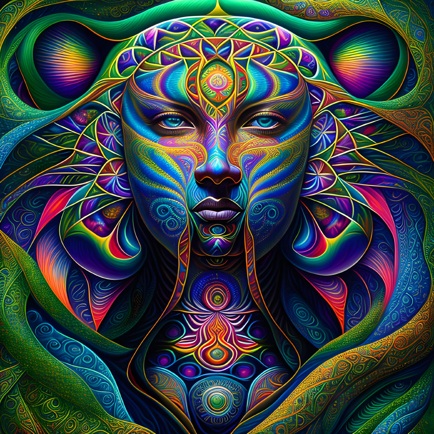 Colorful Psychedelic Female Figure with Intricate Designs