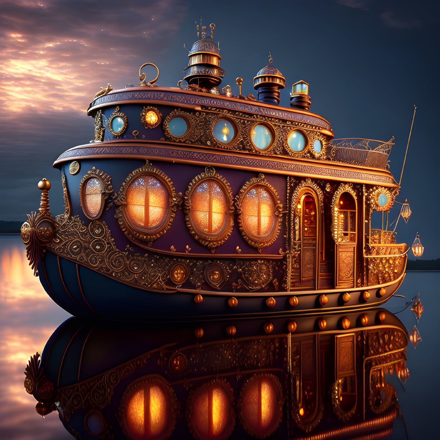 Fantastical airship with ornate golden details in twilight sky