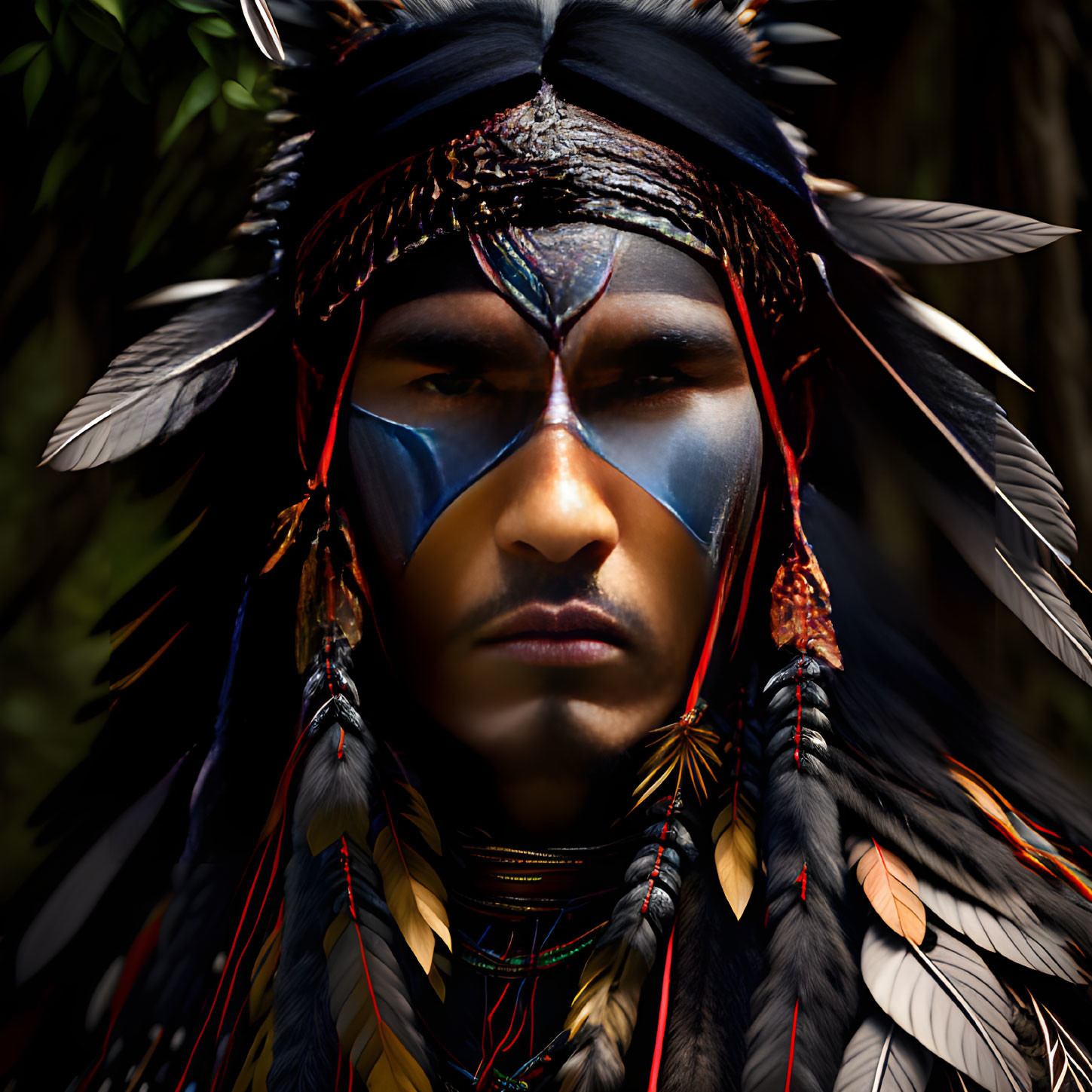 Native American adorned with headdress and face paint in solemn gaze amidst foliage